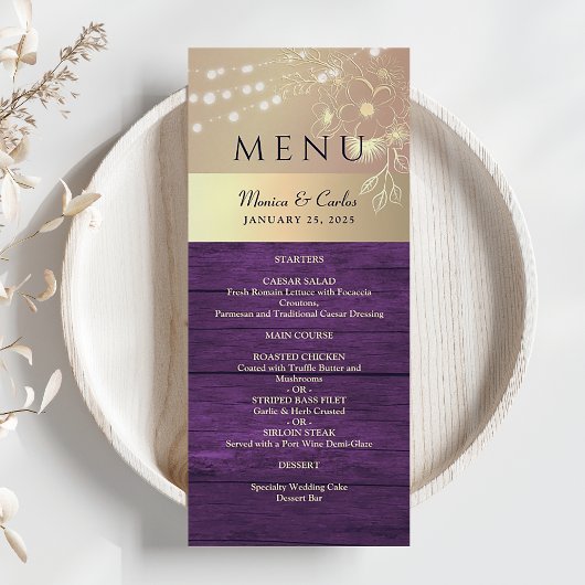Menu Mariage rustique violet et or