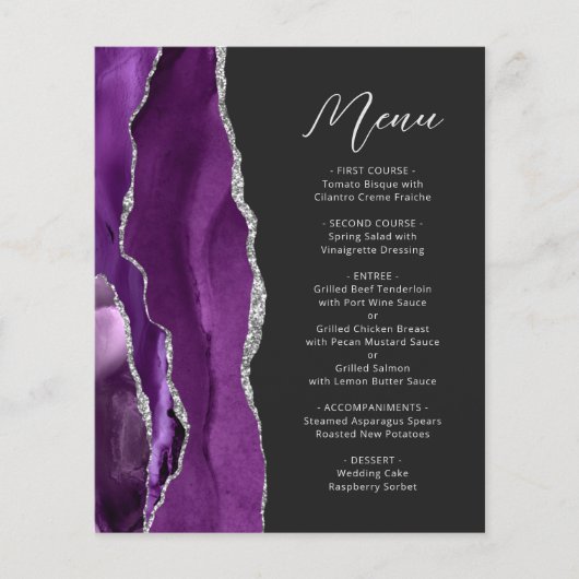 Menu Mariage Script d'agate argenté Budget Purple (Devant)