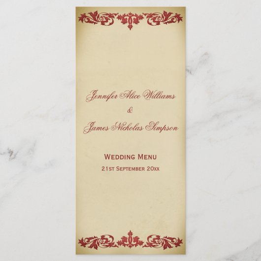 Menu mariage Scroll feuille Vintage en Bourgogne (Devant)
