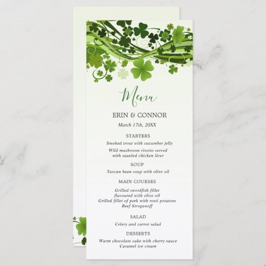 Menu Mariage Shamrock irlandais (Clover) (Devant / Derrière)