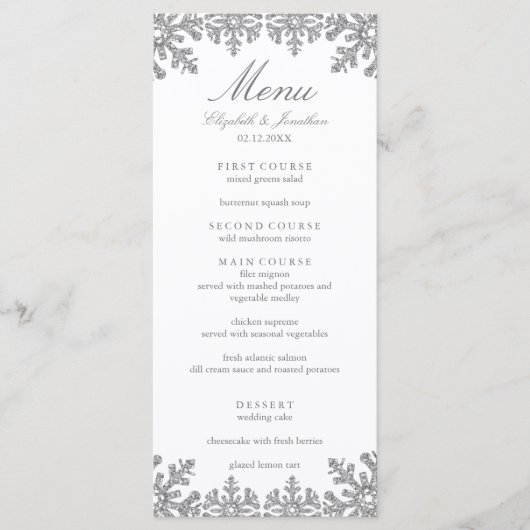 Menu Mariage Silver Winter Snowflake (Devant)