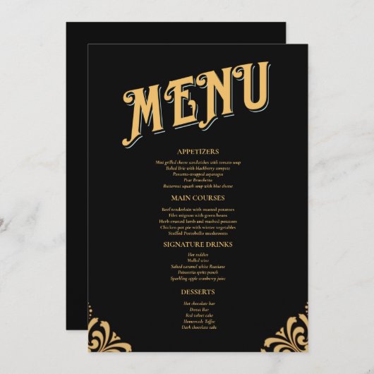 Menu Mariage simple Black and Gold Elegant (Devant / Derrière)