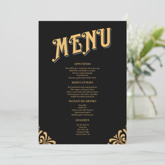 Menu Mariage simple Black and Gold Elegant (Debout devant)