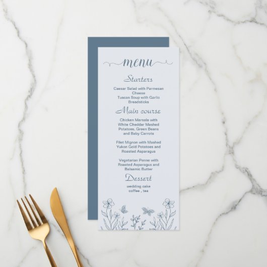 Menu Mariage simple bleu pâle à fleurs (Devant/Arrière en situation)