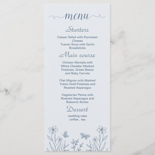 Menu Mariage simple bleu pâle à fleurs (Devant)