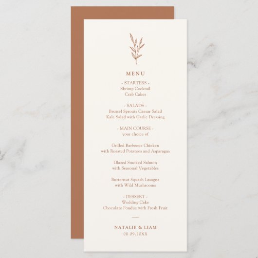 Menu Mariage simple Botanique Burnt Orange (Devant / Derrière)