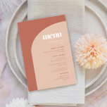 Menu Mariage simple chic pêche en terre cuite<br><div class="desc">Menu de mariage. Minimaliste mais frappant : adoptez ce design typographique légèrement rétro et élégant pour votre papeterie mariage,  avec un design moderne en arc et des couleurs en terre cuite et orange brûlé. Texte,  couleurs et arrière - plans entièrement personnalisables.</div>