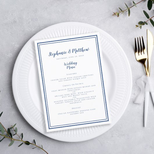 Menu Mariage Simple Classique Bleu Cadre Chic