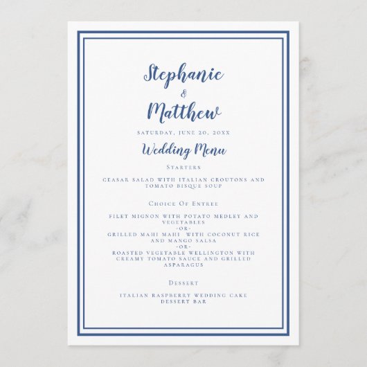 Menu Mariage Simple Classique Bleu Chic Cadre (Devant)