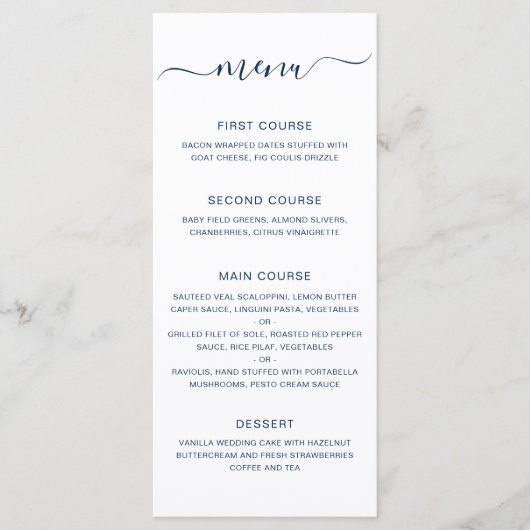 Menu Mariage Simple Élégant Bleu Nuit (Devant)