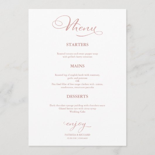 Menu mariage Simple Elégant Faux Foil Calligraphie (Devant)