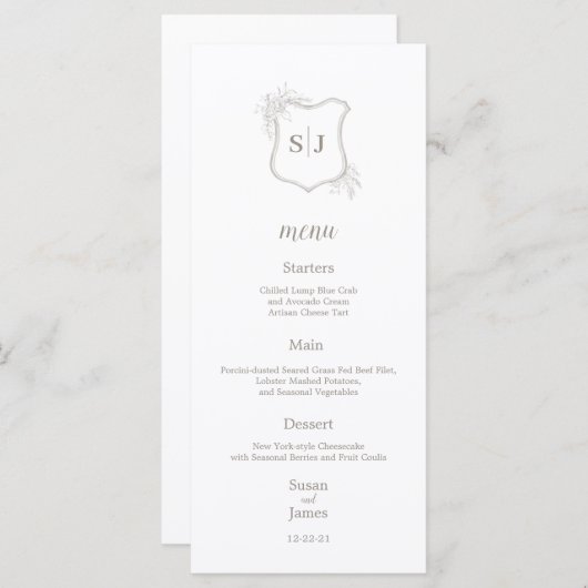 Menu Mariage simple élégant Monogram crest (Devant / Derrière)