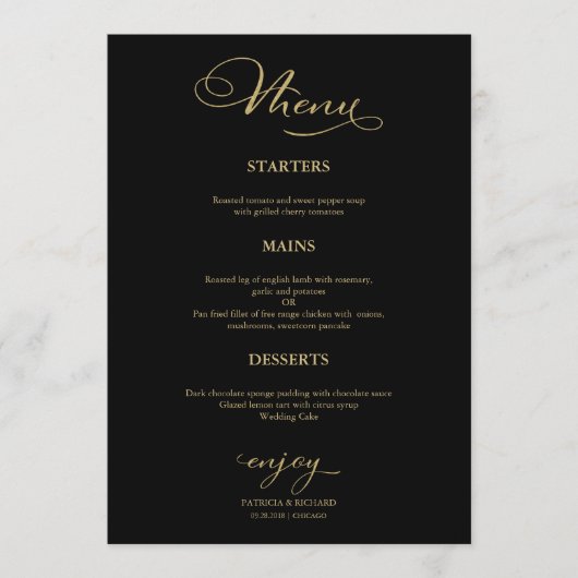 Menu mariage Simple Élégant Or Foil Et Noir (Devant)