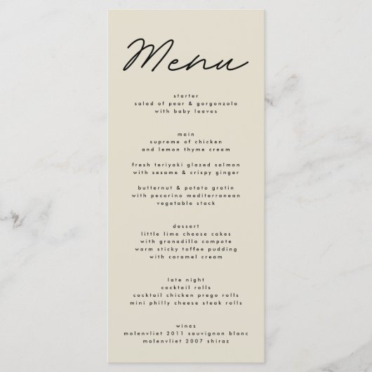 Menu Mariage simple et élégant noir & beige (Devant)