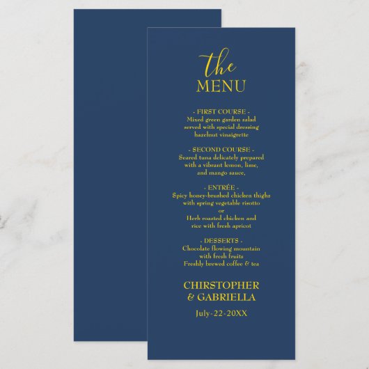Menu Mariage simple et formel bleu marine et or (Devant / Derrière)