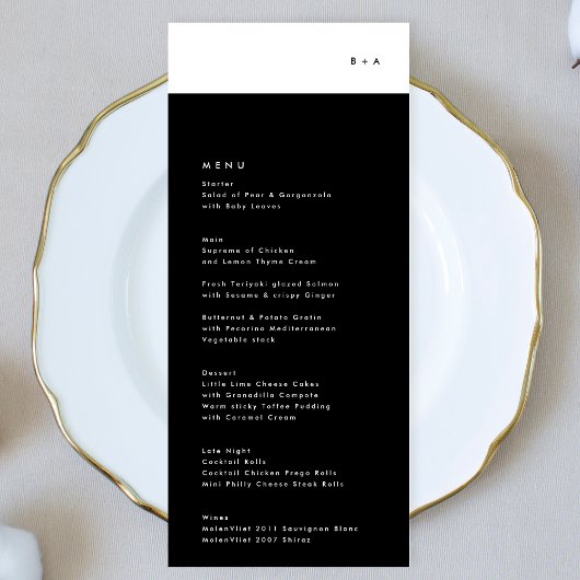 Menu Mariage simple et moderne en bande noire