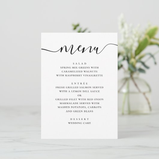 Menu Mariage simple et moderne. Script noir et blanc (Debout devant)