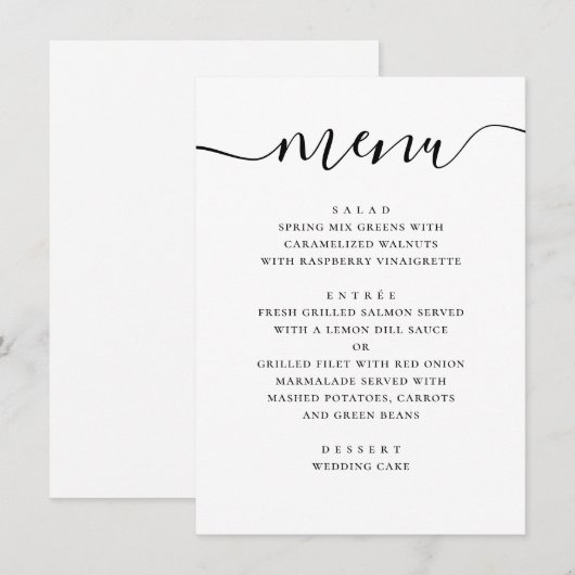 Menu Mariage simple et moderne. Script noir et blanc (Devant / Derrière)