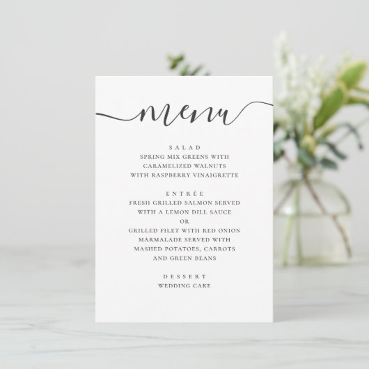 Menu Mariage simple et moderne. Script noir et blanc (Debout devant)