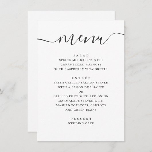 Menu Mariage simple et moderne. Script noir et blanc (Devant / Derrière)