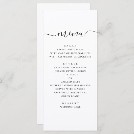 Menu Mariage simple et moderne. Script noir et blanc (Devant / Derrière)
