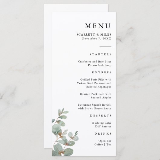 Menu Mariage simple Eucalyptus (Devant / Derrière)