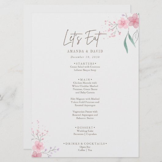 Menu Mariage simple Fleur élégant (Devant / Derrière)