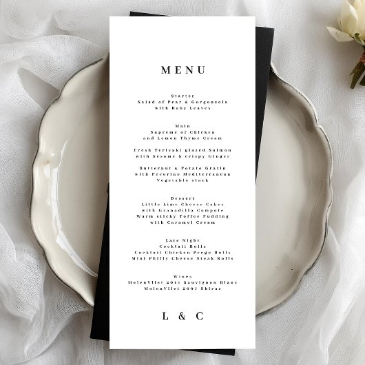 Menu Mariage simple Monogramme noir blanc