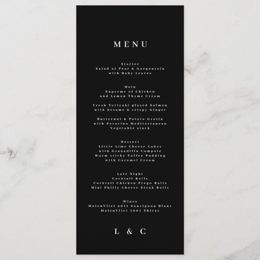 Menu Mariage simple Monogramme noir blanc élégant (Devant)