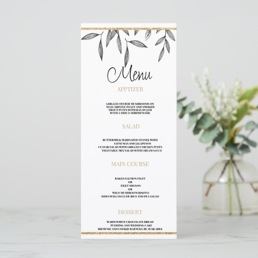 Menu Mariage simple noir blanc feuille or (Debout devant)