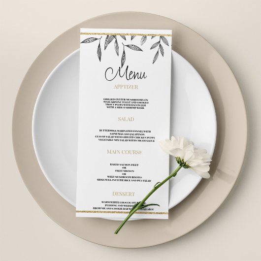 Menu Mariage simple noir blanc feuille or