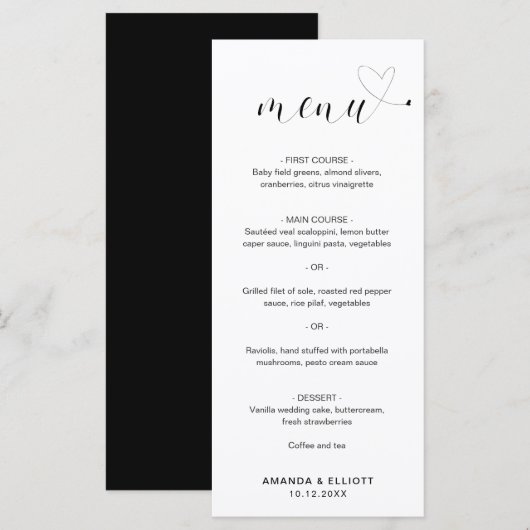 Menu Mariage Simple Noir et Blanc Cœur Mignon (Devant / Derrière)