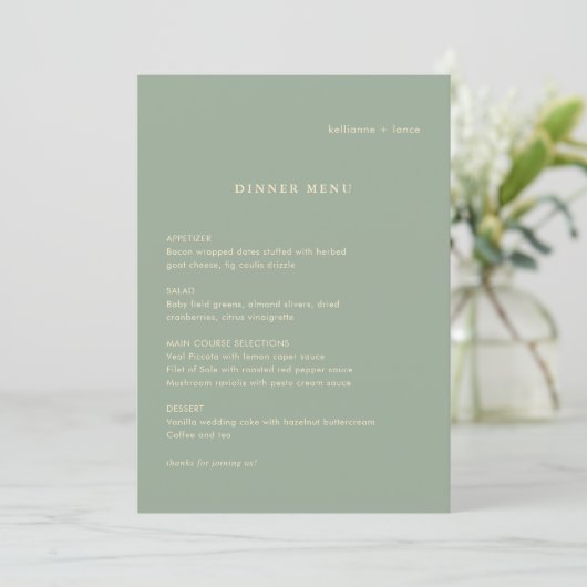 Menu Mariage Simple Vert Sauge Moderne (Debout devant)