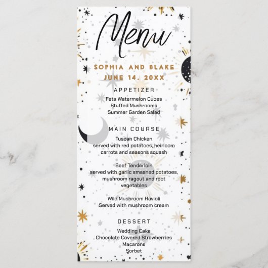 Menu Mariage Soleil Lune Étoiles Noir et Or (Devant)