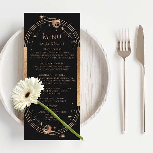 Menu Mariage Soleil Lune Étoiles Or Noir Céleste