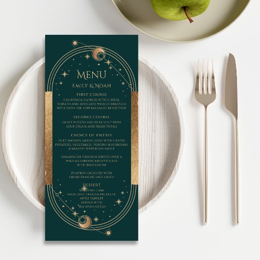 Menu Mariage Soleil Lune Étoiles Or Vert Céleste