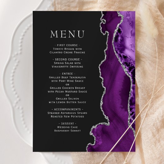 Menu Mariage sombre agate argent violet