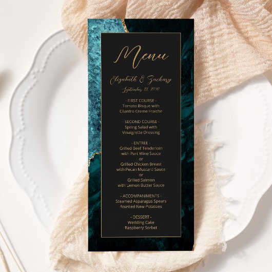 Menu Mariage sombre moderne sarcelle bleu or agate