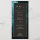 Menu Mariage sombre moderne sarcelle bleu or agate (Devant)