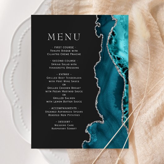 Menu Mariage sombre sarcelle bleu argenté Agate
