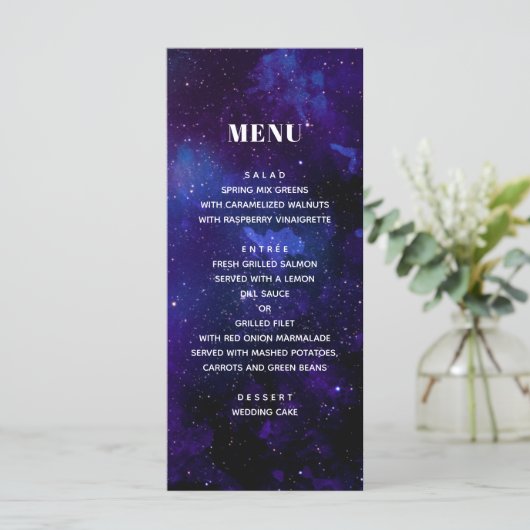 Menu Mariage spatial. Les étoiles de nuit. Galaxie mari (Debout devant)