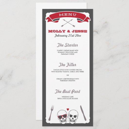 Menu Mariage squelette Valentine (Devant / Derrière)