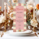 Menu Mariage Super Gras et Rétro<br><div class="desc">Ce menu mariage audacieux embrasse un thème les années 70 super, avec des fleurs vibrantes associées à un motif rétro à damiers à l'avant et à l'arrière, et un espace pour ajouter vos propres détails et initiales de menu. Ce design est parfait pour les couples qui aiment le charme vintage...</div>