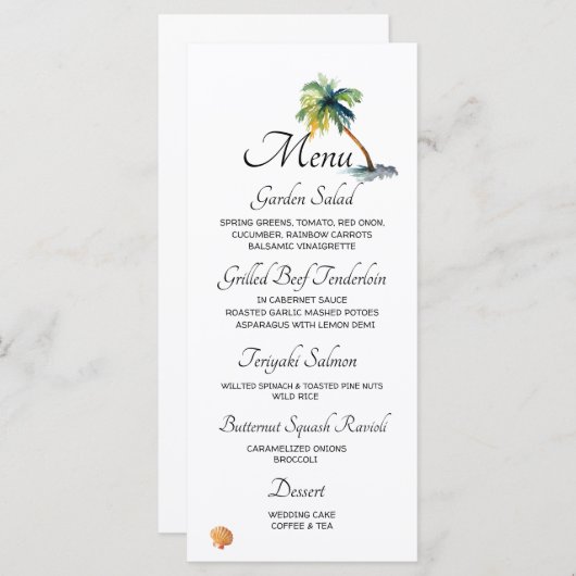 Menu Mariage sur la plage, palmiers, océan (Devant / Derrière)