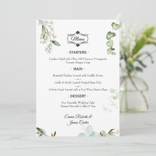 Menu Mariage table verte élégant (Debout devant)