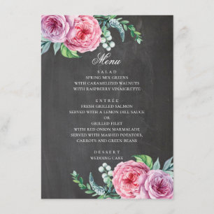 Menu Mariage tableau noir. Fleurs roses jardin bohème