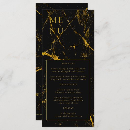 Menu Mariage Texture Marbre Noir Or (Devant / Derrière)