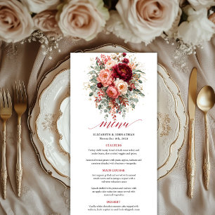 Menu Mariage thème bohème rouge profond floral or Bourg