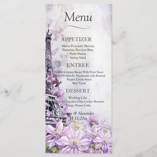 Menu Mariage Tour Eiffel Lavender Romance (Devant)