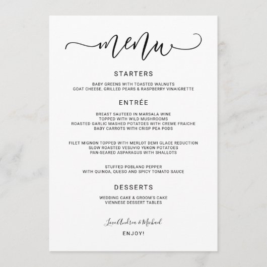 Menu Mariage Tourbillonnant (noir) de calligraphie de r (Devant)